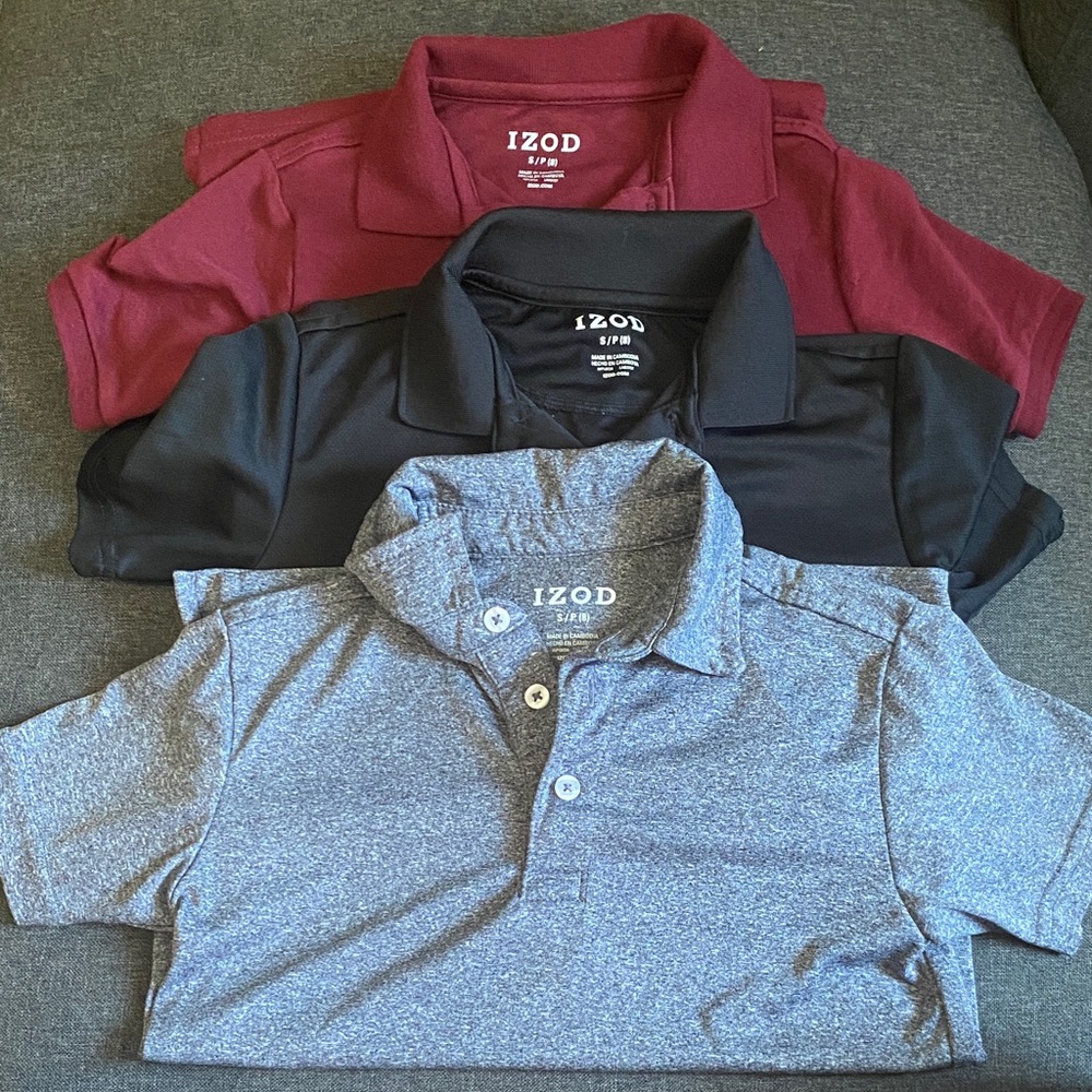 Izod Kids Polo Shirt Trio - Burgundy, Black, Heather Gray set boys size 8